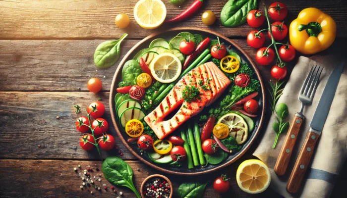 A beautifully plated grilled salmon fillet, an anti inflammatory fish dish, garnished with fresh herbs, surrounded by colorful fresh vegetables like cherry tomatoes and spinach, with lemon wedges on a rustic wooden table.