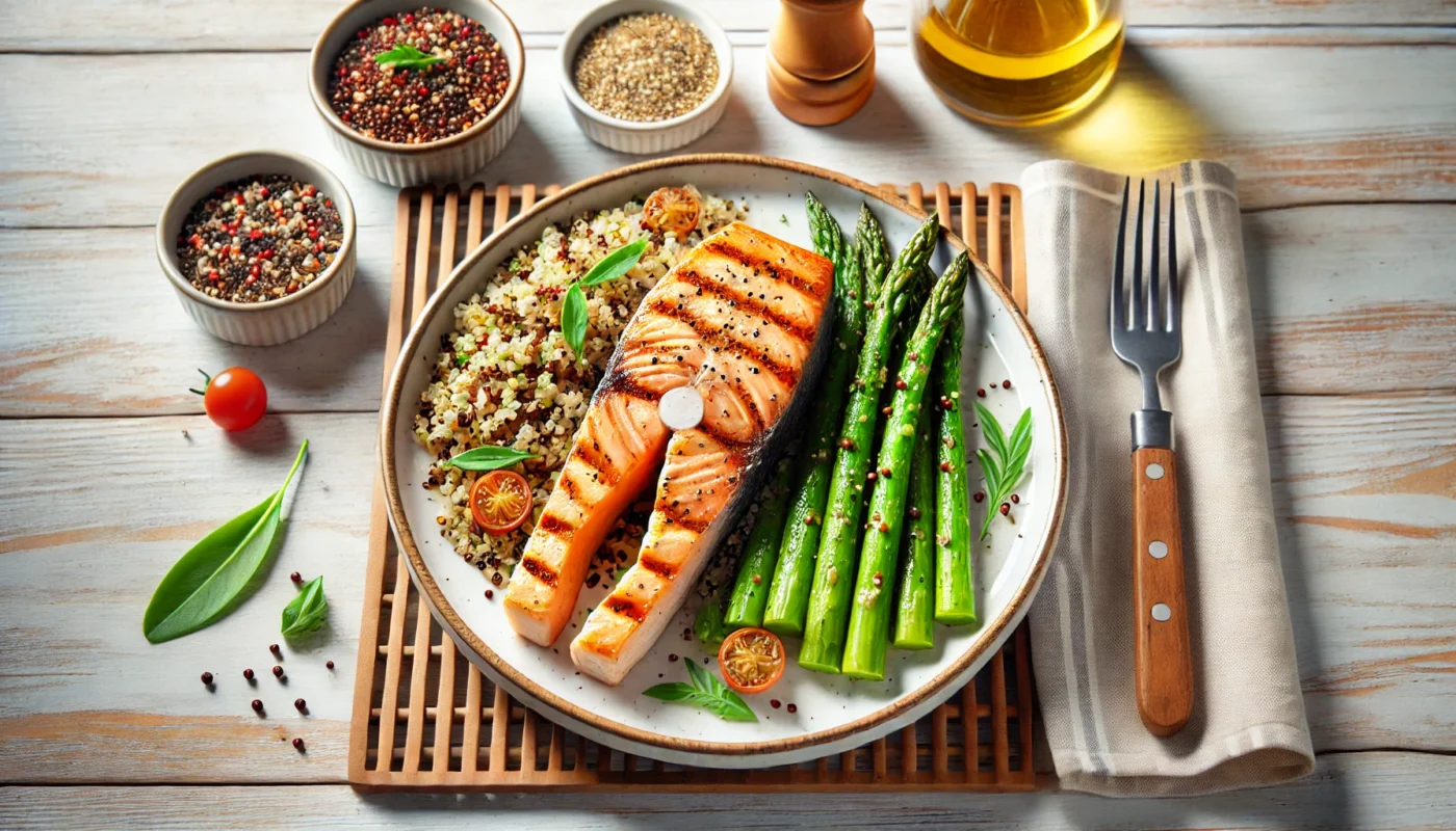 A beautifully plated grilled salmon fillet accompanied by a side of quinoa and roasted asparagus on a white ceramic plate, highlighting a nutrient-dense, heart-healthy meal ideal for managing hypertension.