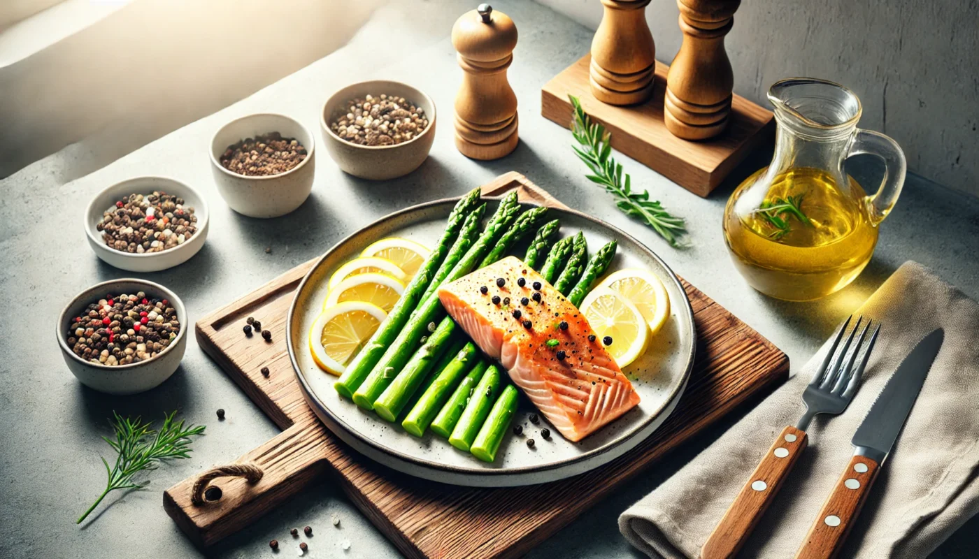 A clean and text-free image of a plate of grilled salmon served with asparagus and lemon wedges, set on a wooden table with natural lighting and a minimalistic background. This is an excellent meal for low-carb diets.