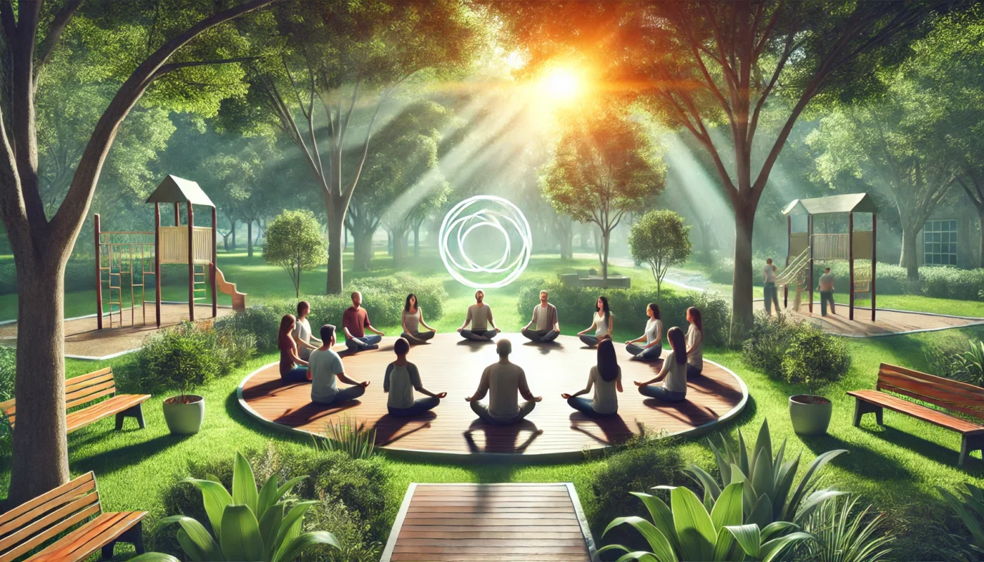 An outdoor scene showing a group of individuals practicing mindfulness meditation in a circle, emphasizing community support and stress management in CBT. The setting includes lush greenery, sunlight filtering through trees, and a peaceful park environment.