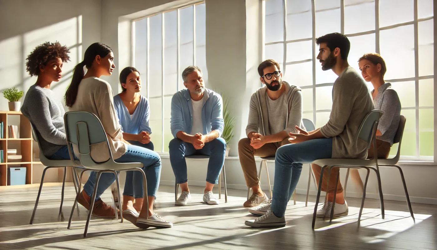 A small group of individuals seated in a bright room, engaging in a support group activity, with one person sharing their thoughts while others listen attentively.