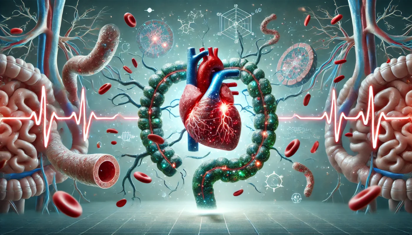 A horizontal, detailed illustration of the gut-heart axis, highlighting the interaction between gut microbiota and hypertension. The image shows glowing microbial structures in the gut dynamically influencing blood vessels, set in a clean, futuristic medical background without text.
