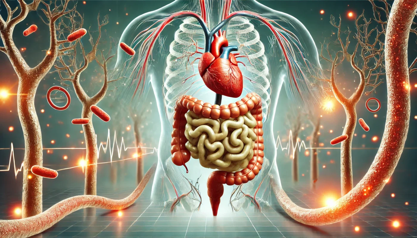 A horizontal illustration showing the impact of gut microbiota on hypertension. The image features the human gut with glowing microbiota interacting with vascular structures, symbolizing the gut-heart axis in a futuristic and clean design without text.