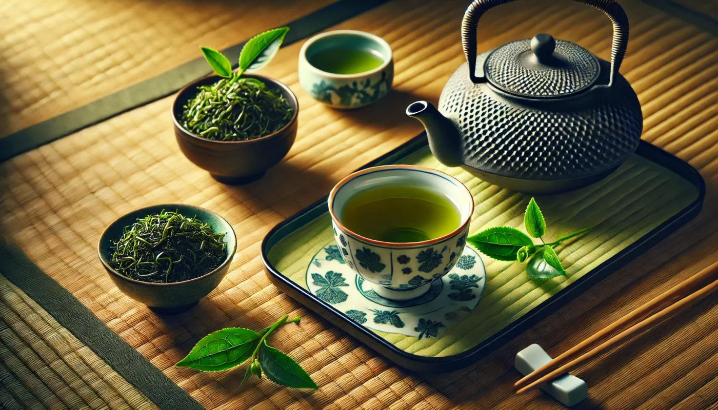 A high-resolution widescreen image of gyokuro green tea served in a traditional Japanese porcelain cup on a tatami mat. The setup includes a small teapot and fresh green tea leaves, showcasing gyokuro's premium quality and its role in reducing inflammation.