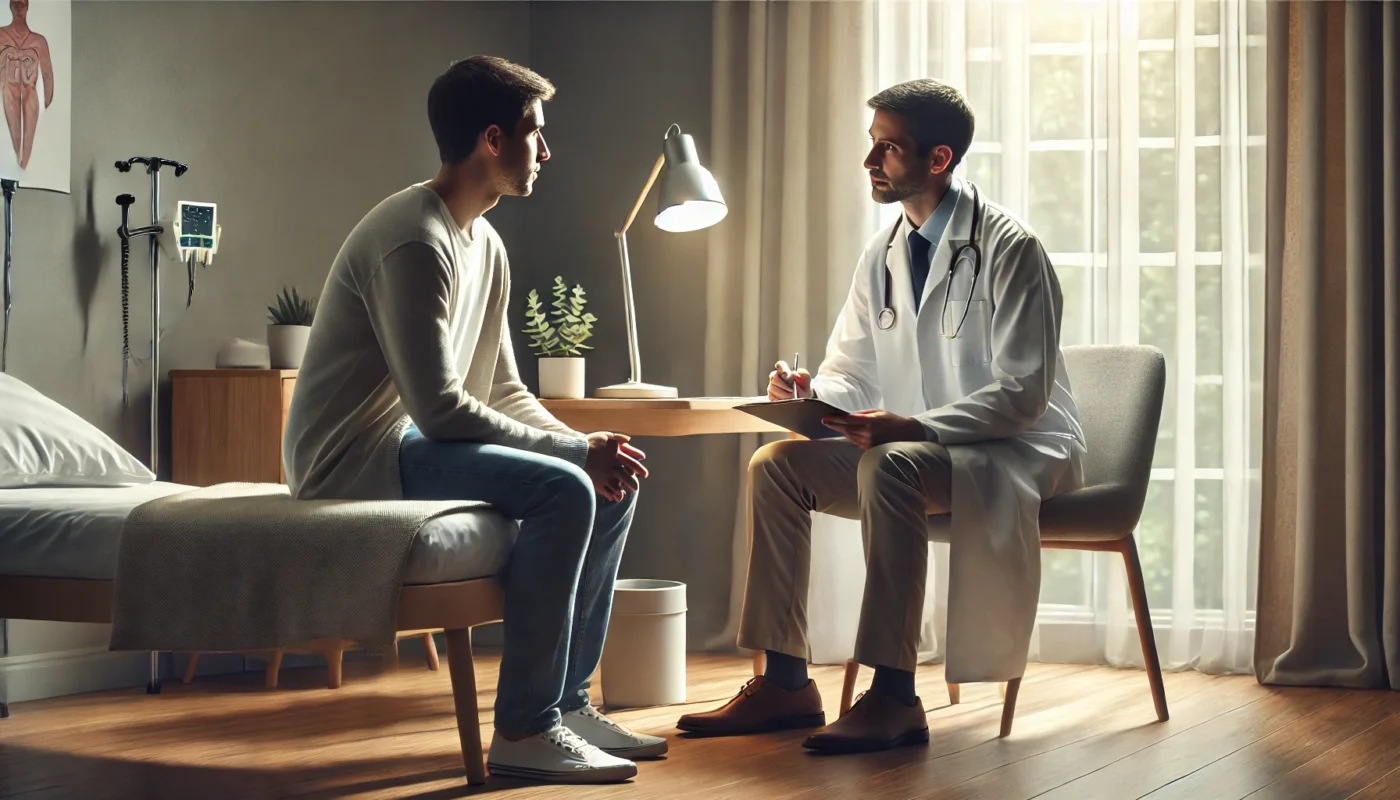 Healthcare professional consulting with a patient in a calm clinical setting, illustrating therapeutic approaches for PTSD and hypertension. This helps with the patient's chronic stress.