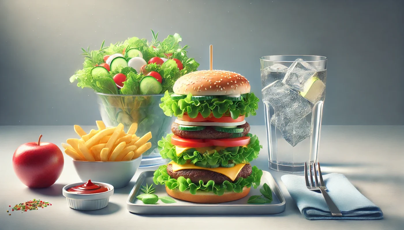 A realistic depiction of a fast food meal modified for better health, featuring a burger with extra vegetables, a fresh salad as a side, and a glass of water instead of sugary soda. Bright and clean setting emphasizing healthy dining choices.