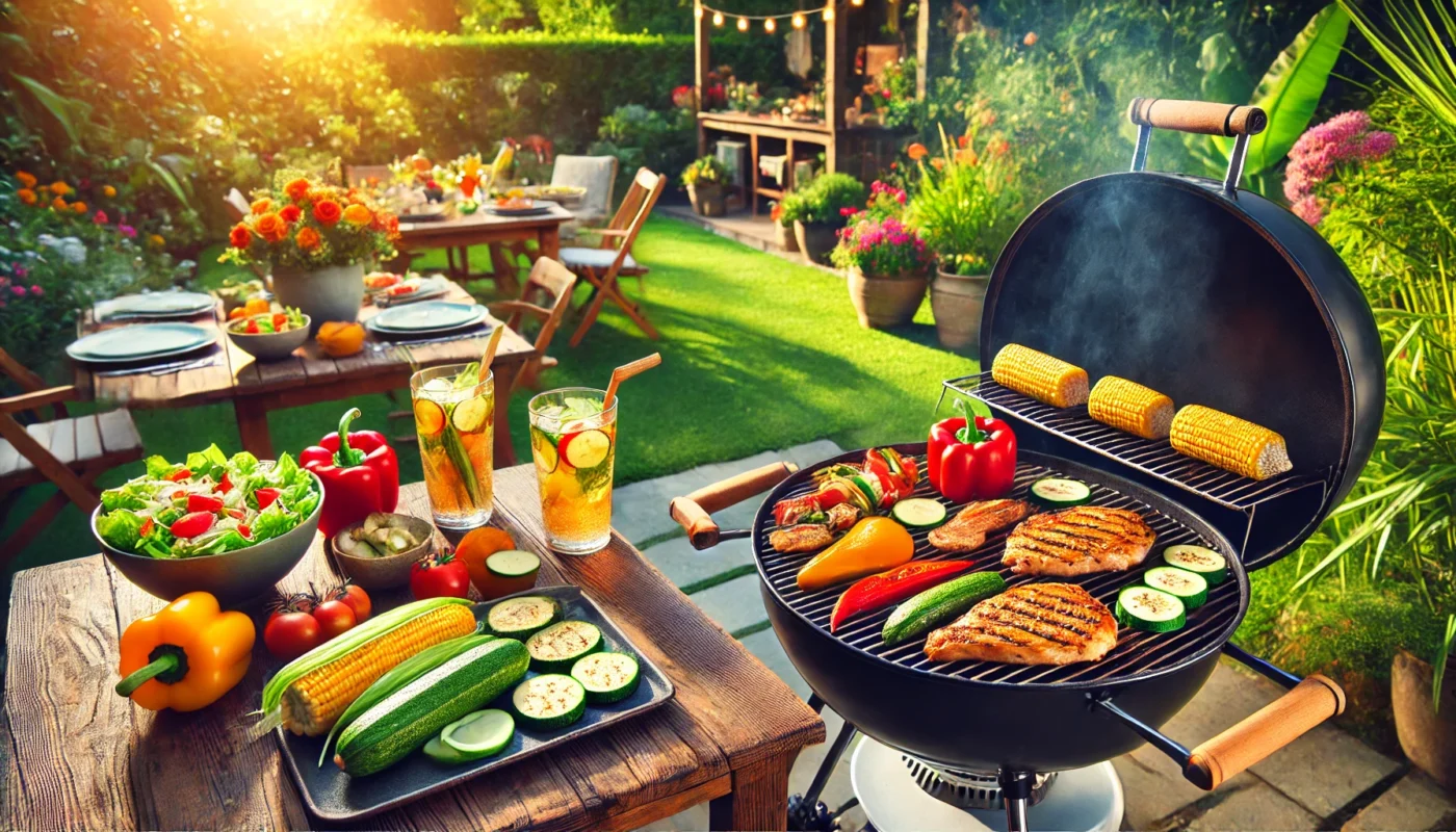 A vibrant, widescreen image of a backyard barbecue set in a lush garden. The grill features lean chicken breasts, bell peppers, zucchini, and corn, lightly grilled with minimal charring. A nearby table is adorned with fresh salads, fruits, and infused water glasses, creating a sunny, healthy dining ambiance.