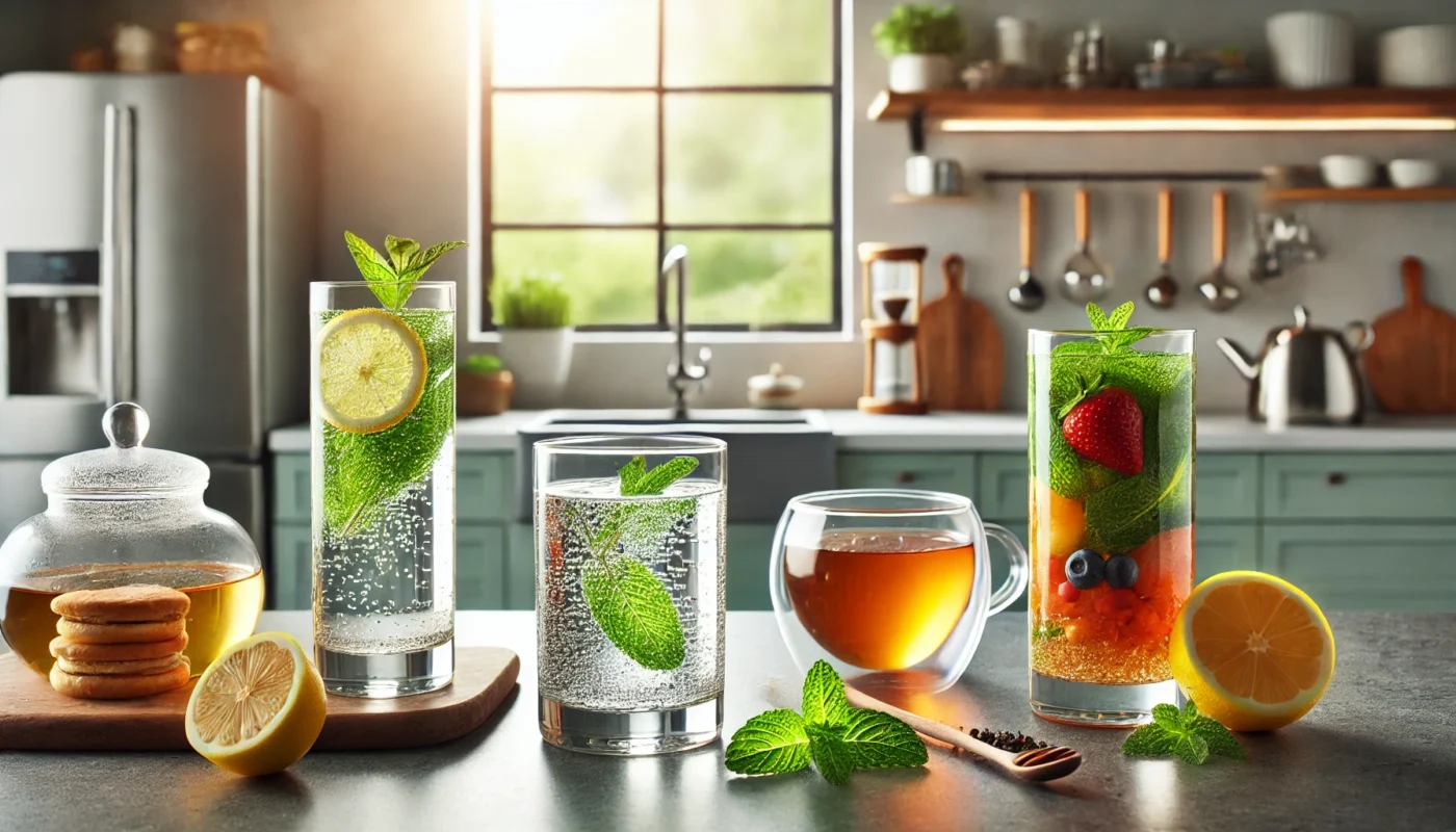 Do soft drinks cause inflammation? This is a widescreen image of a modern kitchen countertop showcasing refreshing beverage alternatives, including sparkling water with mint and lemon, herbal tea in a glass cup, and a colorful fruit and vegetable smoothie, with a bright and inviting kitchen background emphasizing a healthy lifestyle alternative to soft drinks.