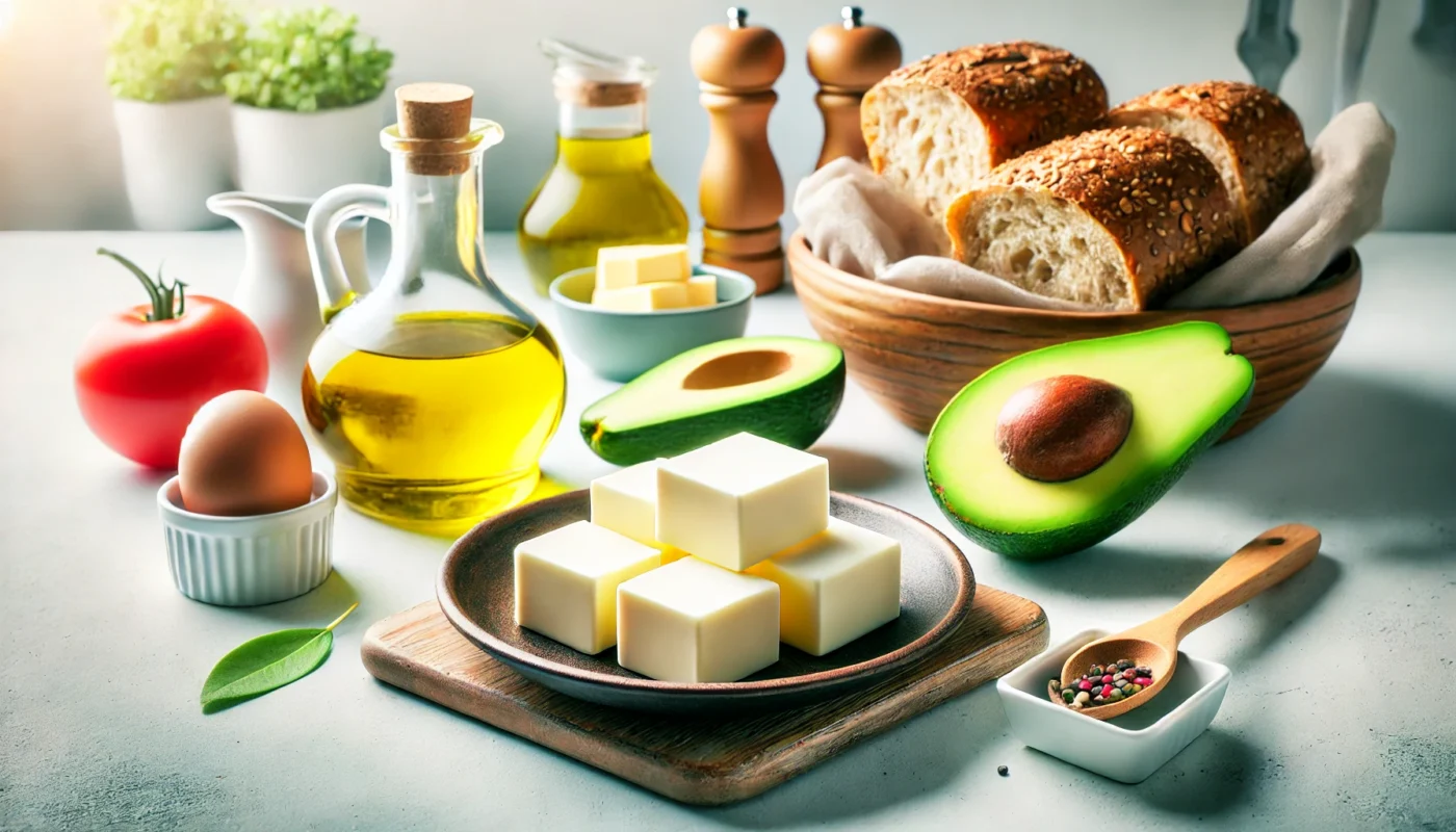 A vibrant, widescreen image of a modern kitchen countertop featuring a small dish of fresh butter cubes alongside healthy food ingredients like avocado, olive oil, and whole-grain bread. The scene is illuminated by natural light, creating an atmosphere of health and wellness.