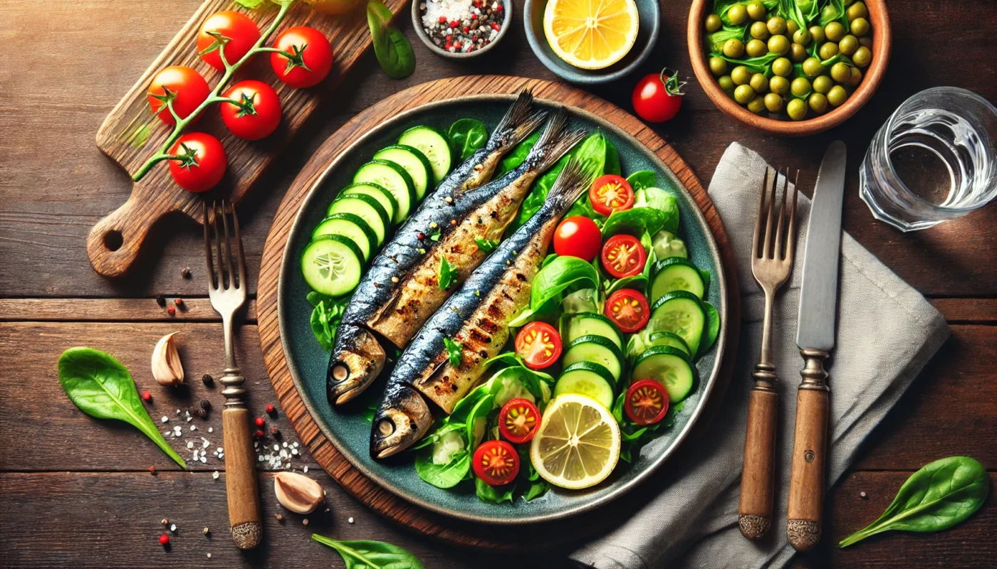 A vibrant, widescreen horizontal image showcasing a healthy dinner plate with grilled sardines, fresh green salad, cherry tomatoes, cucumber slices, and lemon wedges, set on a wooden table with minimalist utensils. The bright lighting highlights the textures and colors of the meal, creating a fresh and inviting atmosphere.