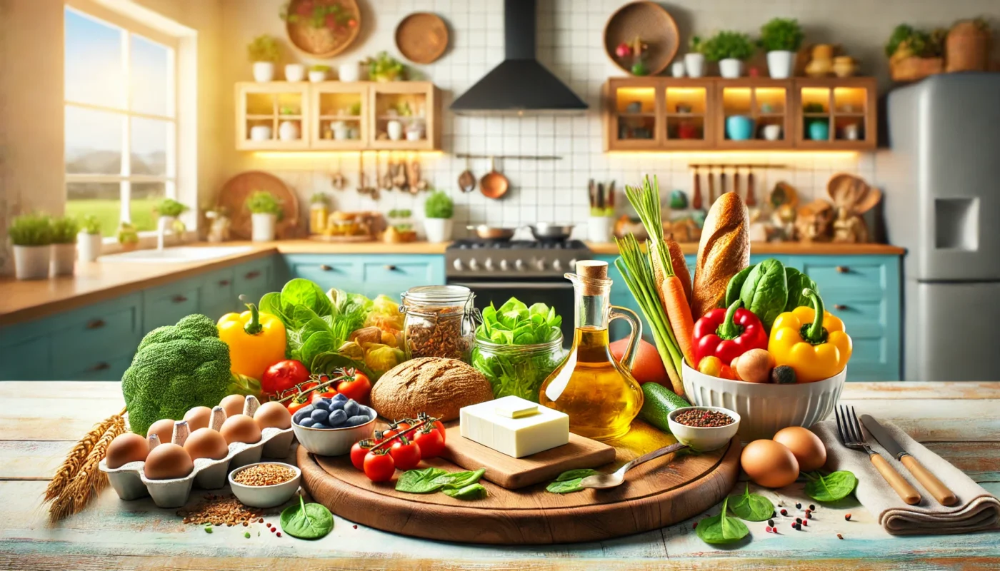 A vibrant, widescreen image of a beautifully laid dining table featuring healthy ingredients such as butter cubes, olive oil, whole-grain bread, and colorful vegetables like carrots and spinach, set against a bright, modern kitchen background illuminated by natural light.