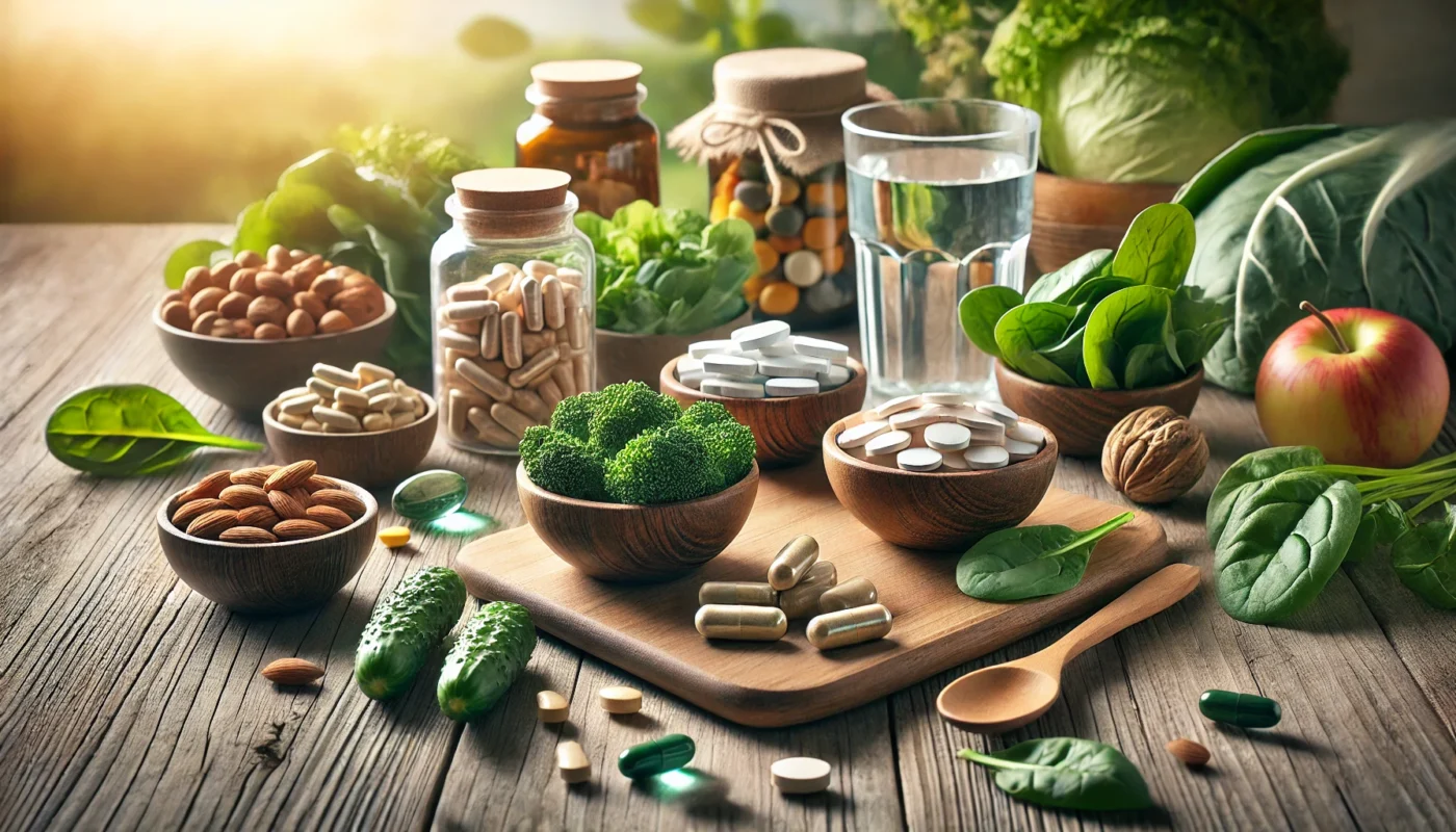 A serene, text-free, high-resolution widescreen image of a fresh and vibrant salad bowl with colorful vegetables like leafy greens, cherry tomatoes, cucumbers, and carrots, accompanied by a glass of water and lemon slices on a wooden table. The composition highlights nutritious food choices for promoting joint and knee health.