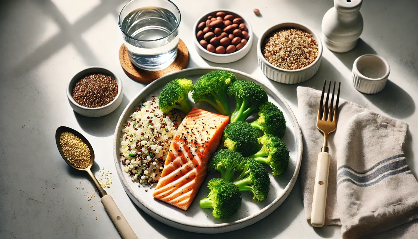 A visually appealing plate of grilled salmon, steamed broccoli, and quinoa, arranged on a white plate. Set on a clean dining table with natural lighting to highlight balance and nutrition for breaking a fast.