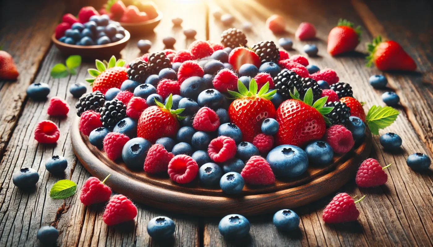 A vibrant display of colorful berries including blueberries, strawberries, and raspberries on a rustic wooden surface, highlighting their freshness and antioxidant-rich qualities. Perfect representation of super healthy foods.