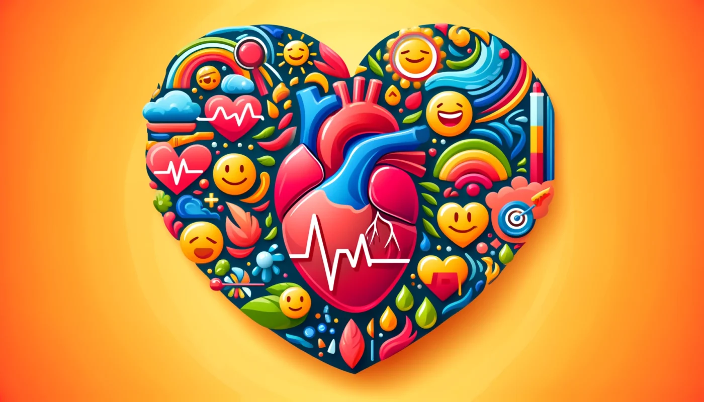 Vibrant illustration of a human heart surrounded by symbols of laughter, stress management, and health, highlighting the impact of humor and laughter on cardiovascular well-being.