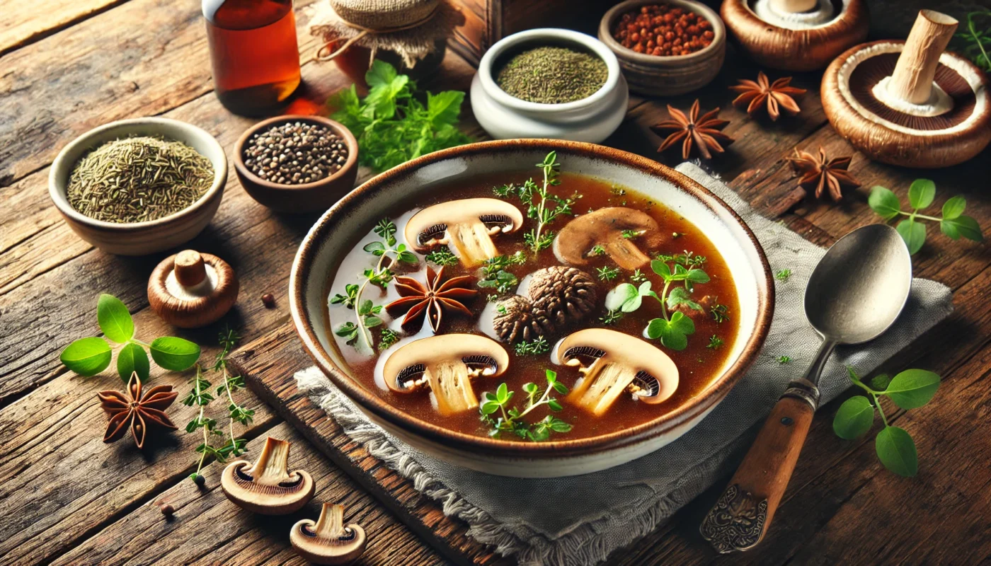 A hearty mushroom soup made with Reishi and Shiitake mushrooms, served in a white ceramic bowl with fresh herbs sprinkled on top, placed on a wooden table with rustic props, showcasing its anti-inflammatory benefits.