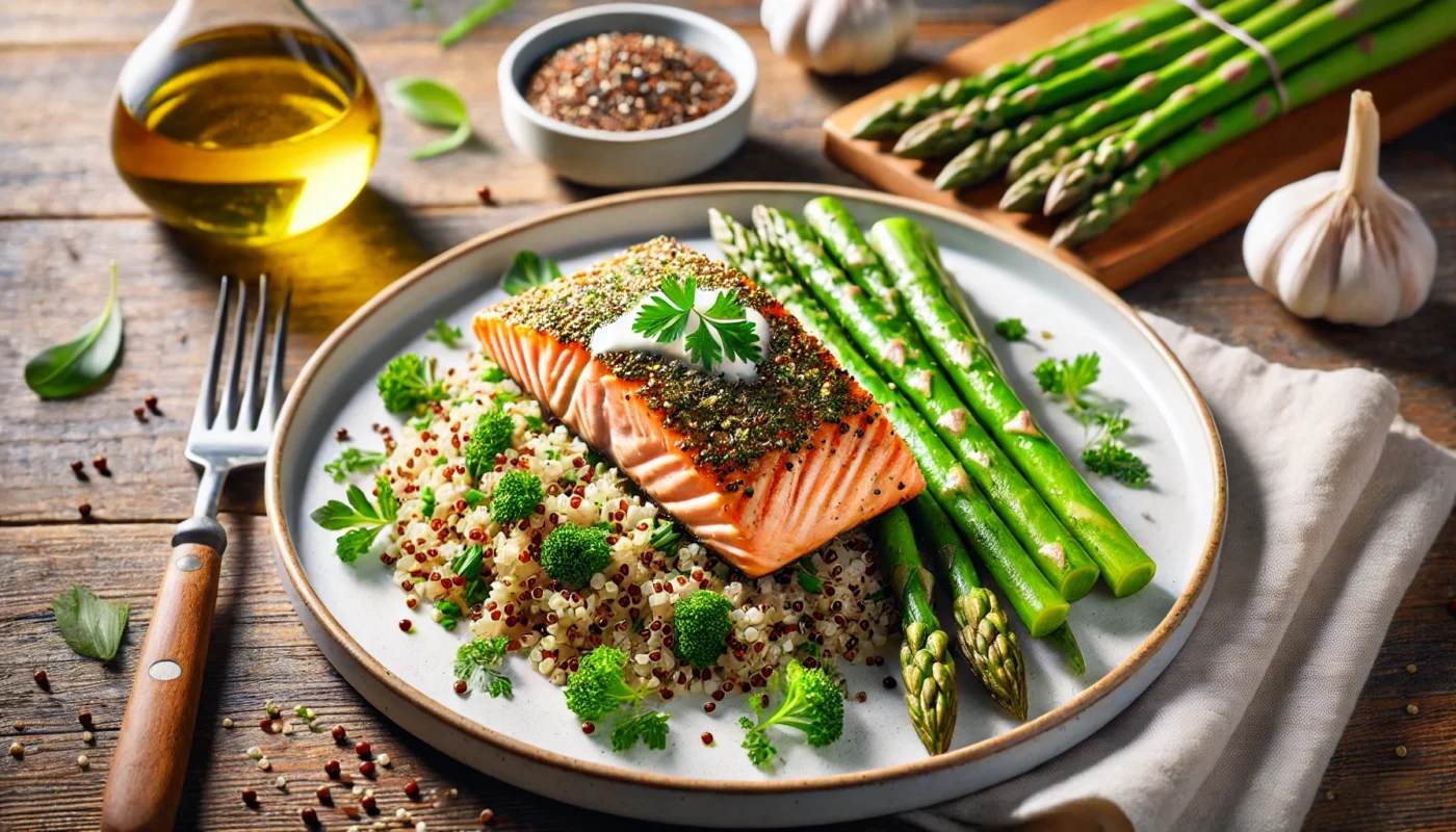 A beautifully arranged plate of herb-crusted salmon served with quinoa and asparagus spears, garnished with fresh herbs. Highlights nutritional balance and heart health benefits for managing hypertension. This is an example of a great meal plan.