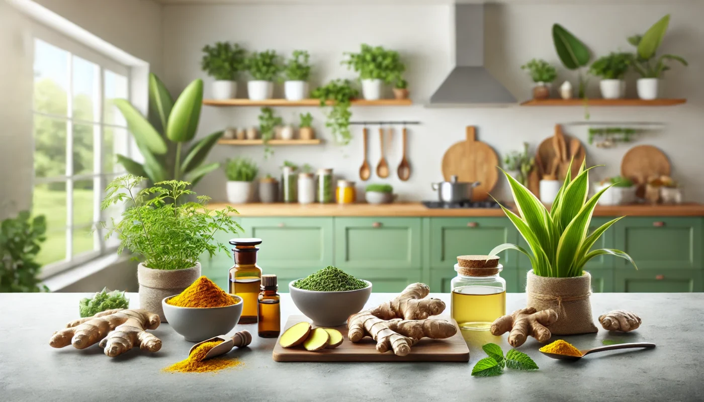 A widescreen image of a wholesome kitchen counter showcasing fresh ginger roots, turmeric powder, bowls of green tea leaves, and essential oil bottles. The modern kitchen is bright and softly lit, with green plants creating a natural and soothing ambiance.