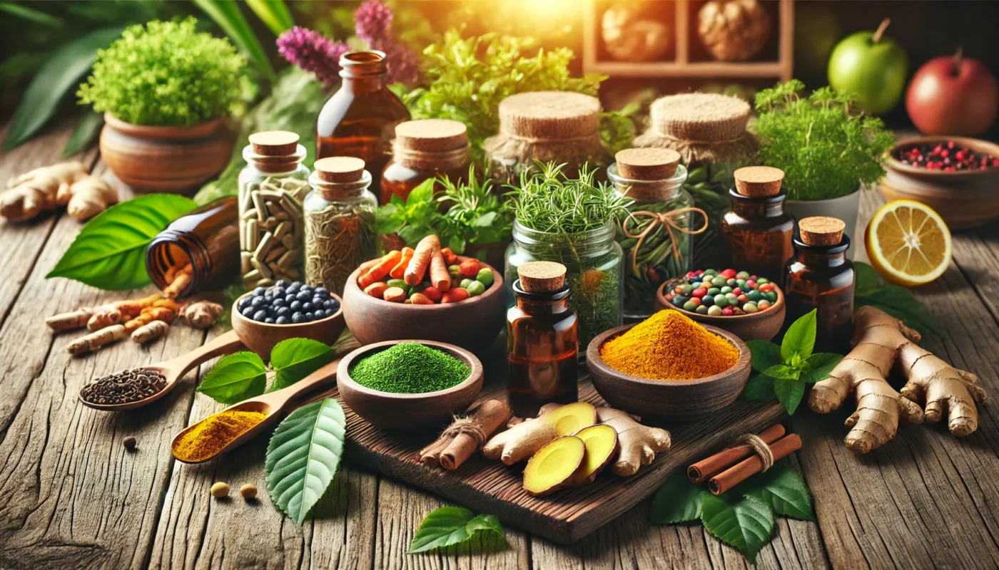 A high-resolution, text-free, widescreen image showcasing a vibrant arrangement of herbal supplements in natural containers, such as wooden bowls and glass jars, surrounded by fresh herbs like turmeric roots, ginger, and green tea leaves on a rustic wooden surface with warm, natural lighting and a blurred background of greenery.