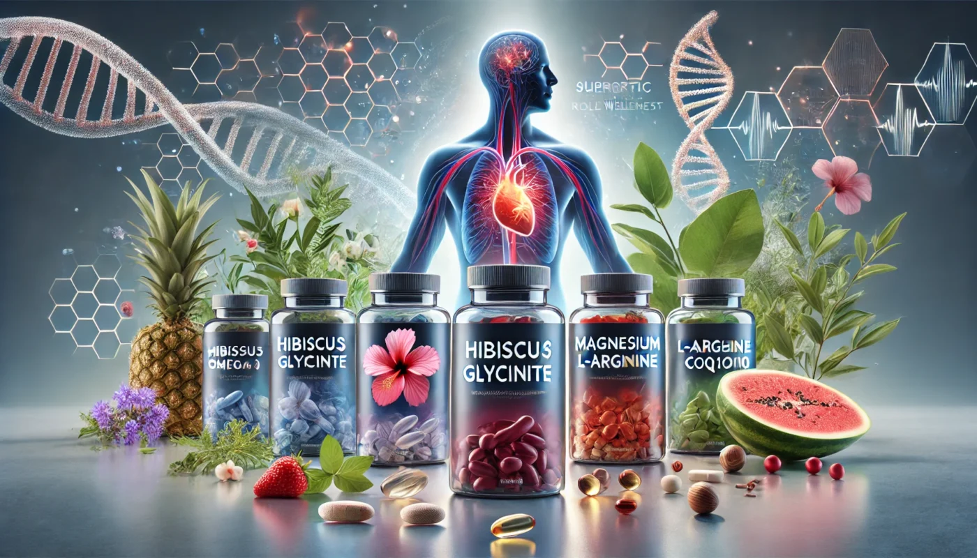 Hibiscus, Omega-3, Magnesium Glycinate, L-Arginine, and CoQ10 supplements for managing the role of genes in hypertension