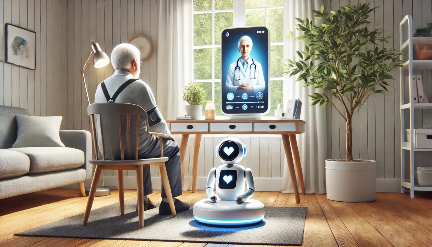 A serene home healthcare scene featuring an elderly patient interacting with a robotic telemedicine system, displaying a virtual healthcare provider. Wearable devices monitor the patient’s blood pressure in a cozy and futuristic setting with natural light.