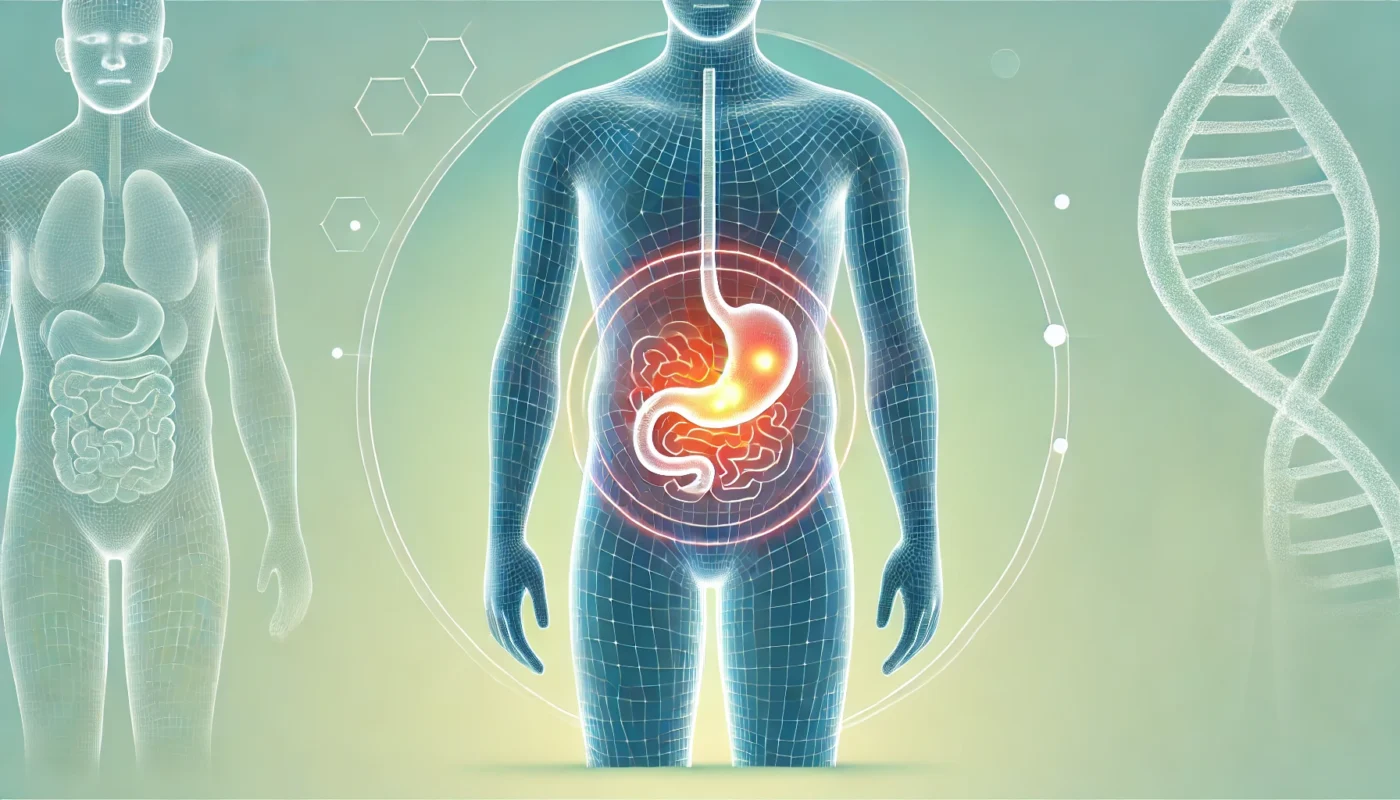 A widescreen illustration of a human body outline, emphasizing visceral fat and inflammation in the abdominal area. The background features soft hues of blue and green, symbolizing health and wellness. Glowing highlights around the abdomen visually depict inflammation processes, complementing an article on the link between inflammation and fat.