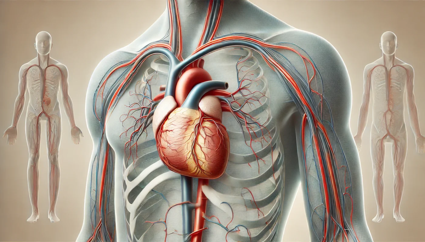 A detailed and clean widescreen horizontal illustration of the human cardiovascular system, emphasizing the heart and major arteries. Subtle shading highlights the impact of hypertension on arteries and the heart, with a simple background ensuring clarity and focus on anatomical features.