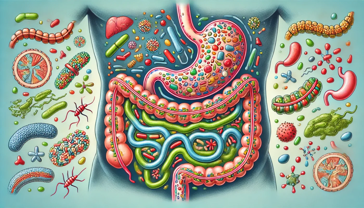 An artistic illustration of the human gut microbiome, featuring colorful representations of various bacteria interacting with the gut lining, highlighting their potential breakthroughs in hypertension treatment.