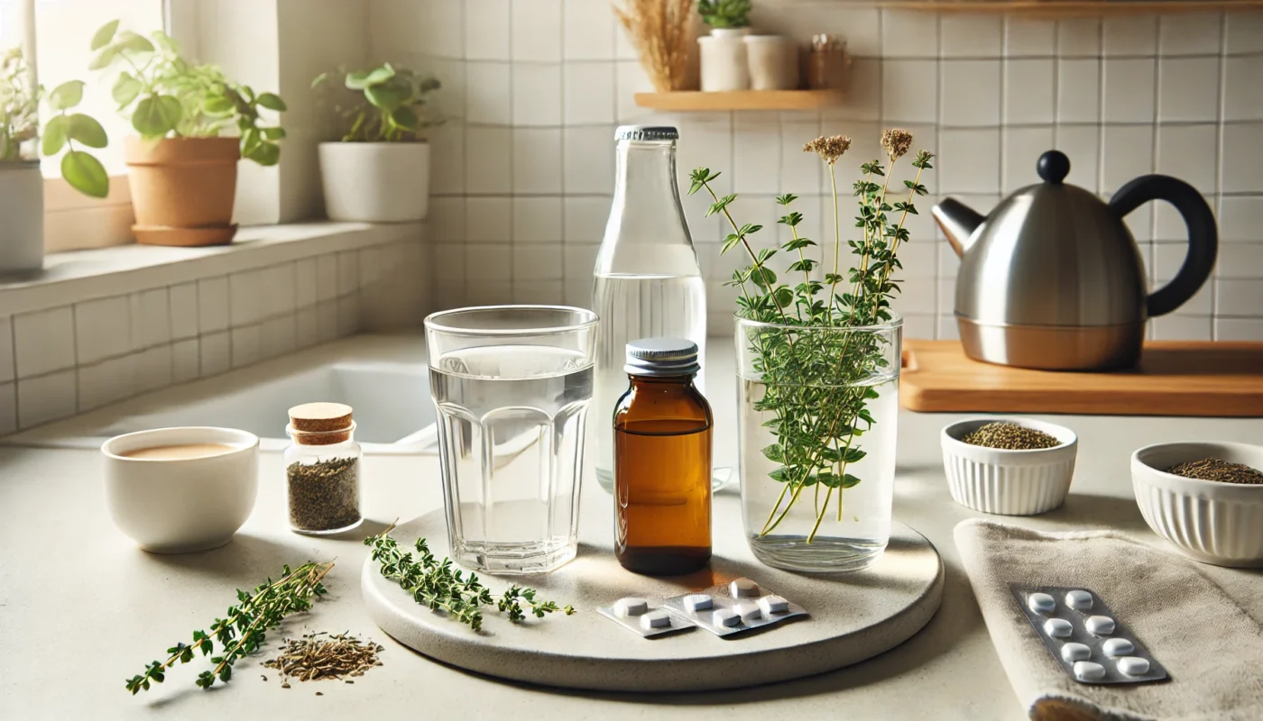 A clean and minimalistic image featuring a glass of water, a cup of herbal tea, and a bottle of plain water on a bright kitchen counter. Highlights the importance of hydration during intermittent fasting for maintaining health and balance.