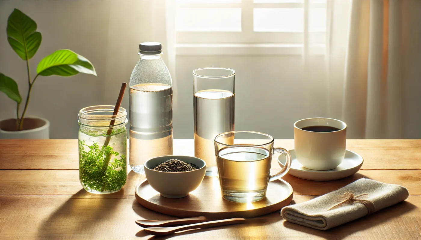 A clean and text-free image of a hydration-focused setup featuring a glass of water, a cup of green tea, and a cup of black coffee, arranged on a bright wooden table with natural light. This emphasizes the connection between hypertension and hydration.