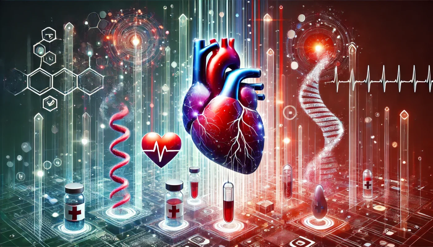 An artistic depiction of hypertension clinical trial phases, featuring abstract glowing visuals such as hearts, data streams, and medical vials. The sleek and futuristic design is free of text or letters.