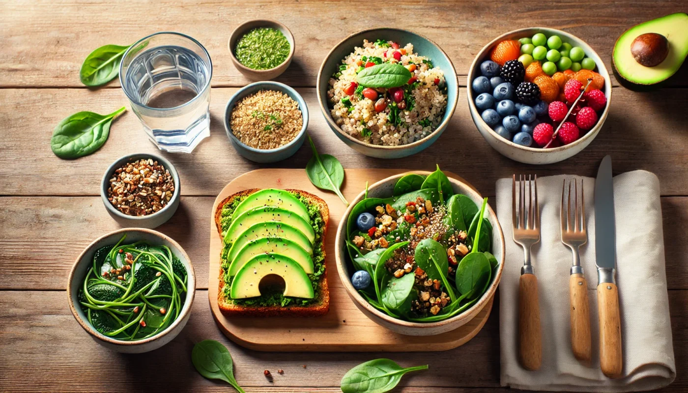 A visually appealing setup featuring avocado toast with spinach, a quinoa salad with vegetables, and a bowl of mixed berries, arranged on a wooden table with a glass of water. Emphasizes health and balance in managing hypertension.