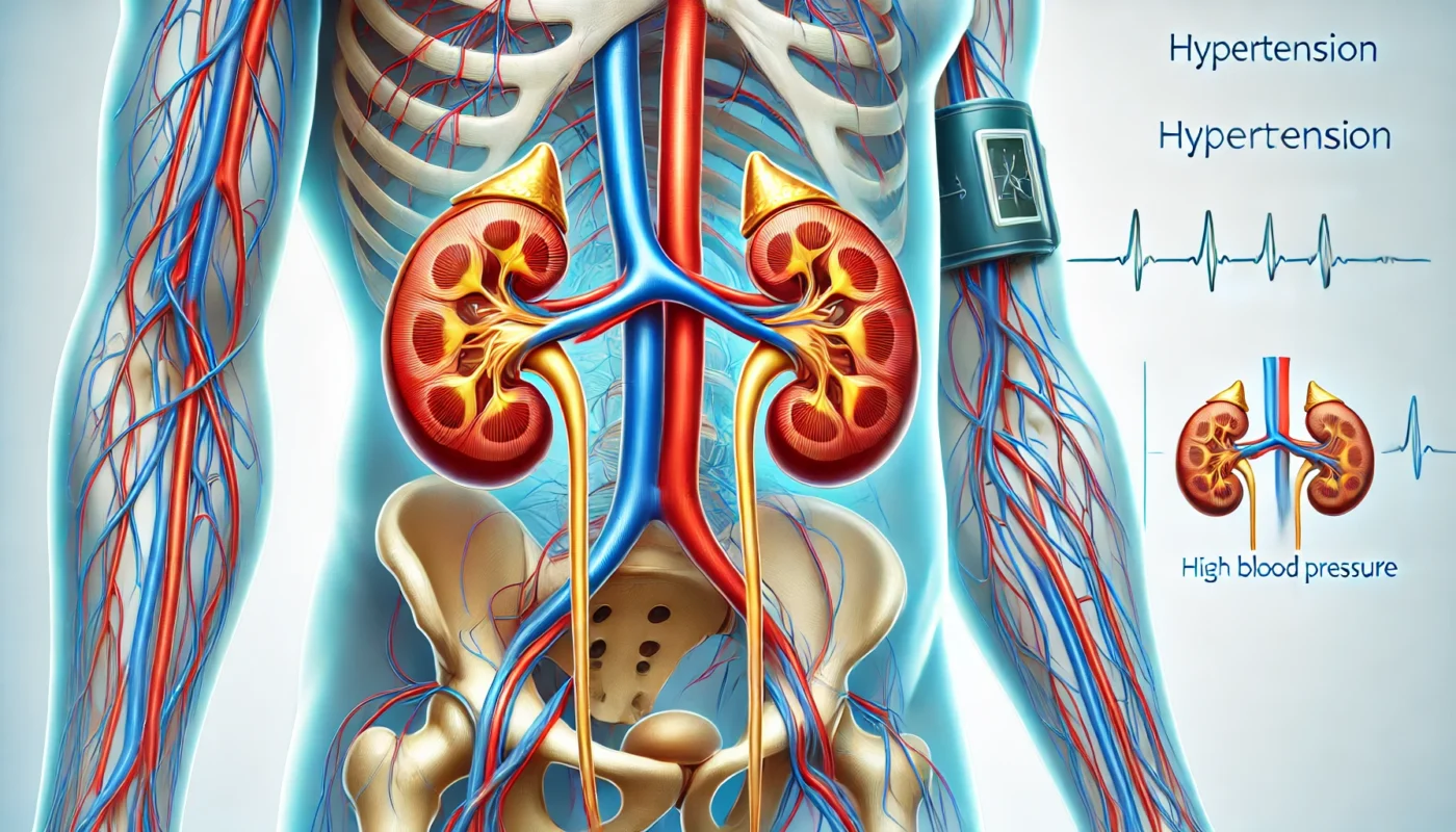 A clean and detailed widescreen horizontal illustration showing the relationship between hypertension and kidney health, highlighting the effects of high blood pressure on kidney blood vessels. The image features clear and professional visuals for medical and educational purposes, with no text included