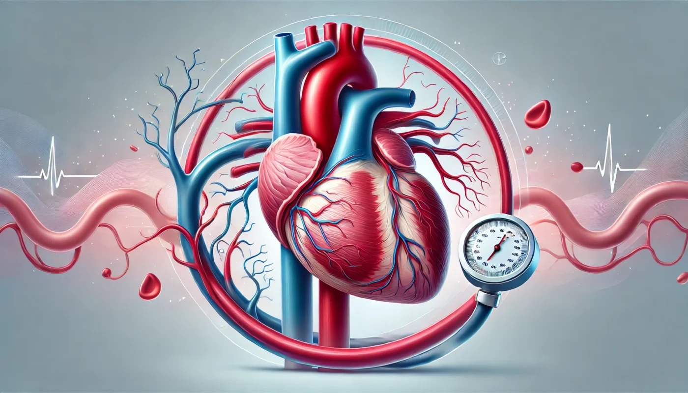 A clean and professional widescreen horizontal illustration showing the effects of hypertension on the heart and blood vessels, including anatomical details of the heart, arteries, thickened arterial walls, and reduced blood flow, rendered in soft educational colors like blue and red. This emphasizes the connection between hypertension and heart diseases.