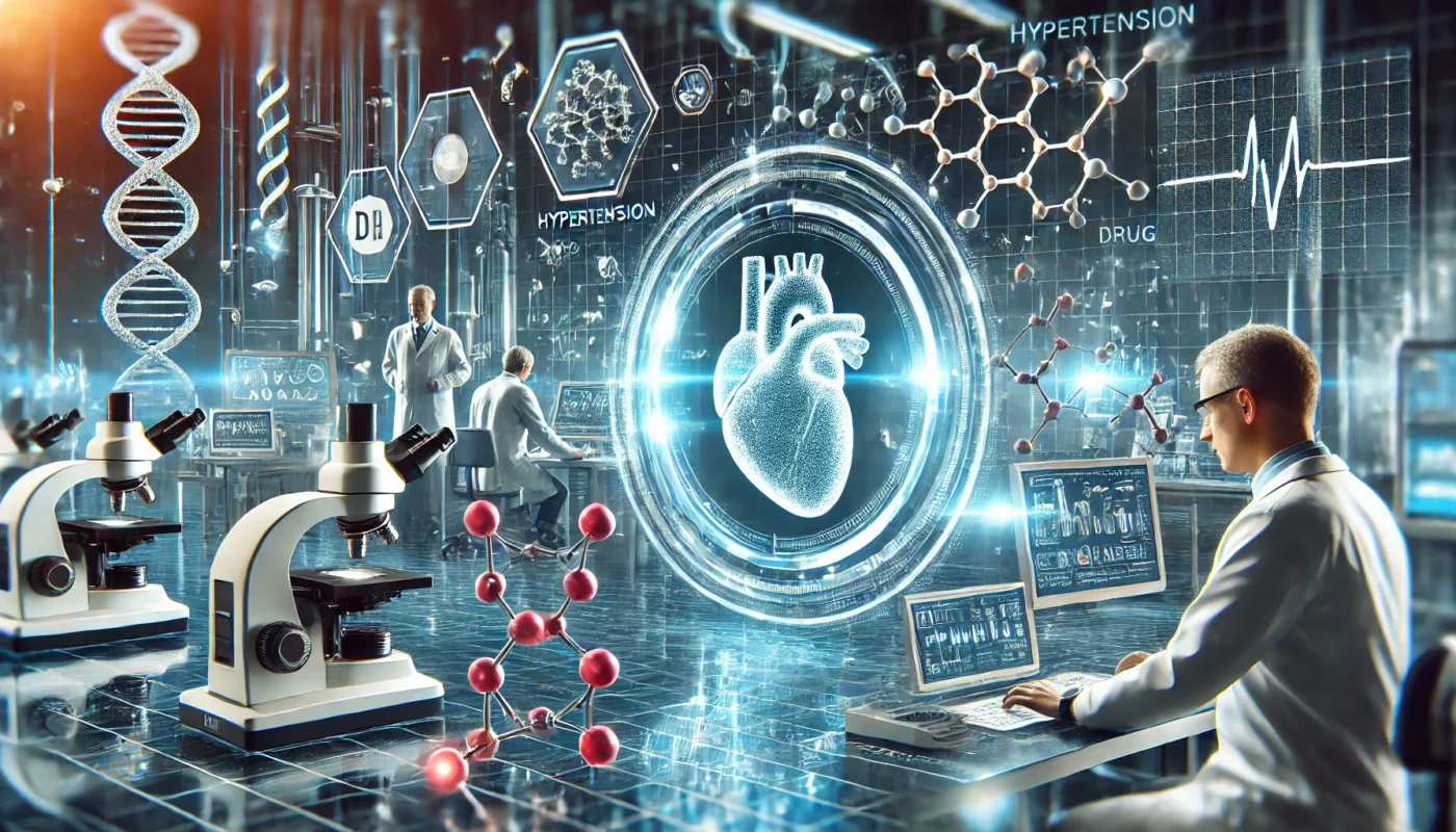 A realistic depiction of a futuristic medical laboratory featuring modern equipment, scientists, and glowing data analytics interfaces, focusing on cutting-edge hypertension drug development.