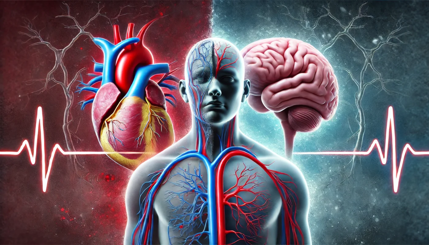 A conceptual illustration depicting the relationship between hypertension and depression. The image features a human figure with one side emphasizing a stressed heart and blood vessels, and the other side highlighting a brain affected by mood changes, illustrating the bidirectional link between physical and mental health.