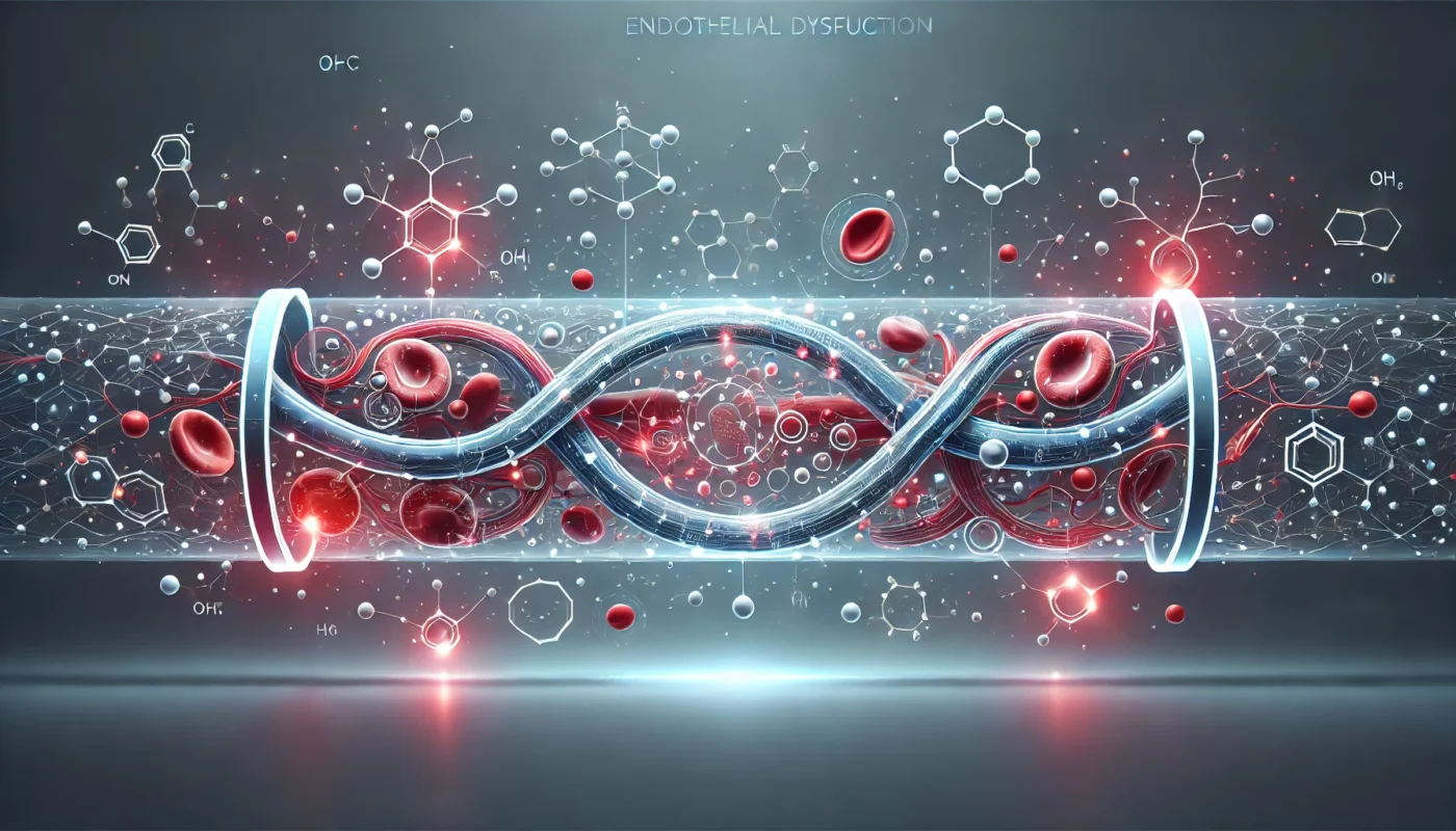 A horizontal illustration of a blood vessel cross-section depicting endothelial dysfunction in hypertension. The image highlights glowing molecular interactions such as oxidative stress and reduced nitric oxide levels, presented in a clean, abstract, futuristic, and entirely text-free design suitable for scientific and medical use.