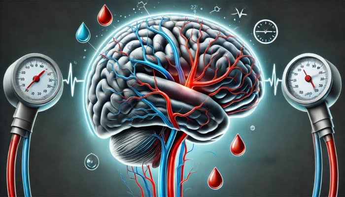 A detailed illustration showing the physiological effects of hypertension on the brain, highlighting blood vessels and stress markers. The image uses contrasting colors to emphasize the impact of high blood pressure on mental health and cognitive function.