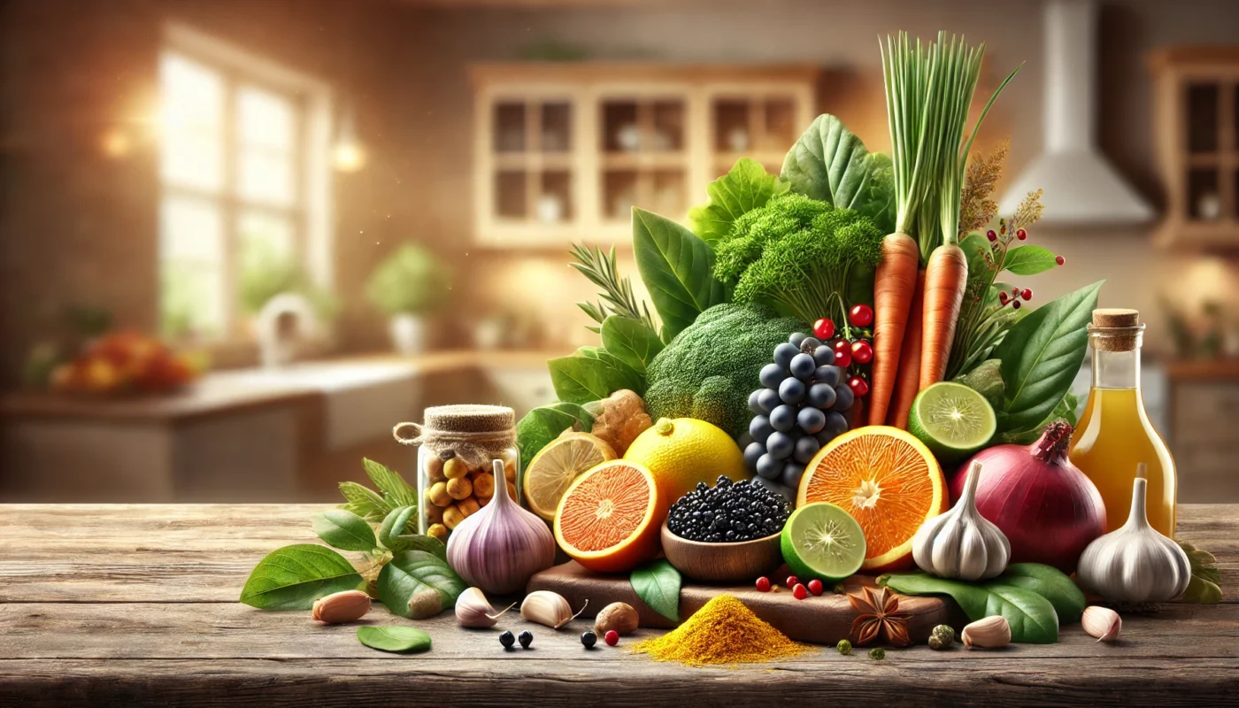 What are some of the best natural supplements? This is a vibrant widescreen image of a natural health theme, featuring a wooden table adorned with fresh immune-boosting ingredients, including citrus fruits, garlic, turmeric roots, elderberries, and leafy greens. The warmly lit kitchen background highlights a holistic and healthy lifestyle ambiance.