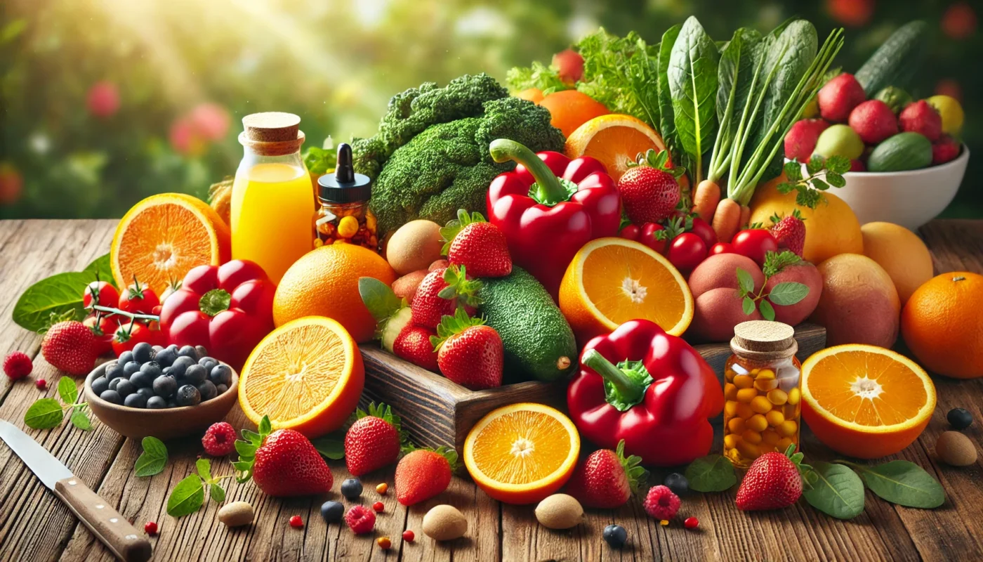 A vibrant assortment of vitamin C-rich foods, including oranges, strawberries, red bell peppers, and kale, displayed on a wooden table with natural lighting, showcasing their fresh and colorful appeal to support white blood cell production.