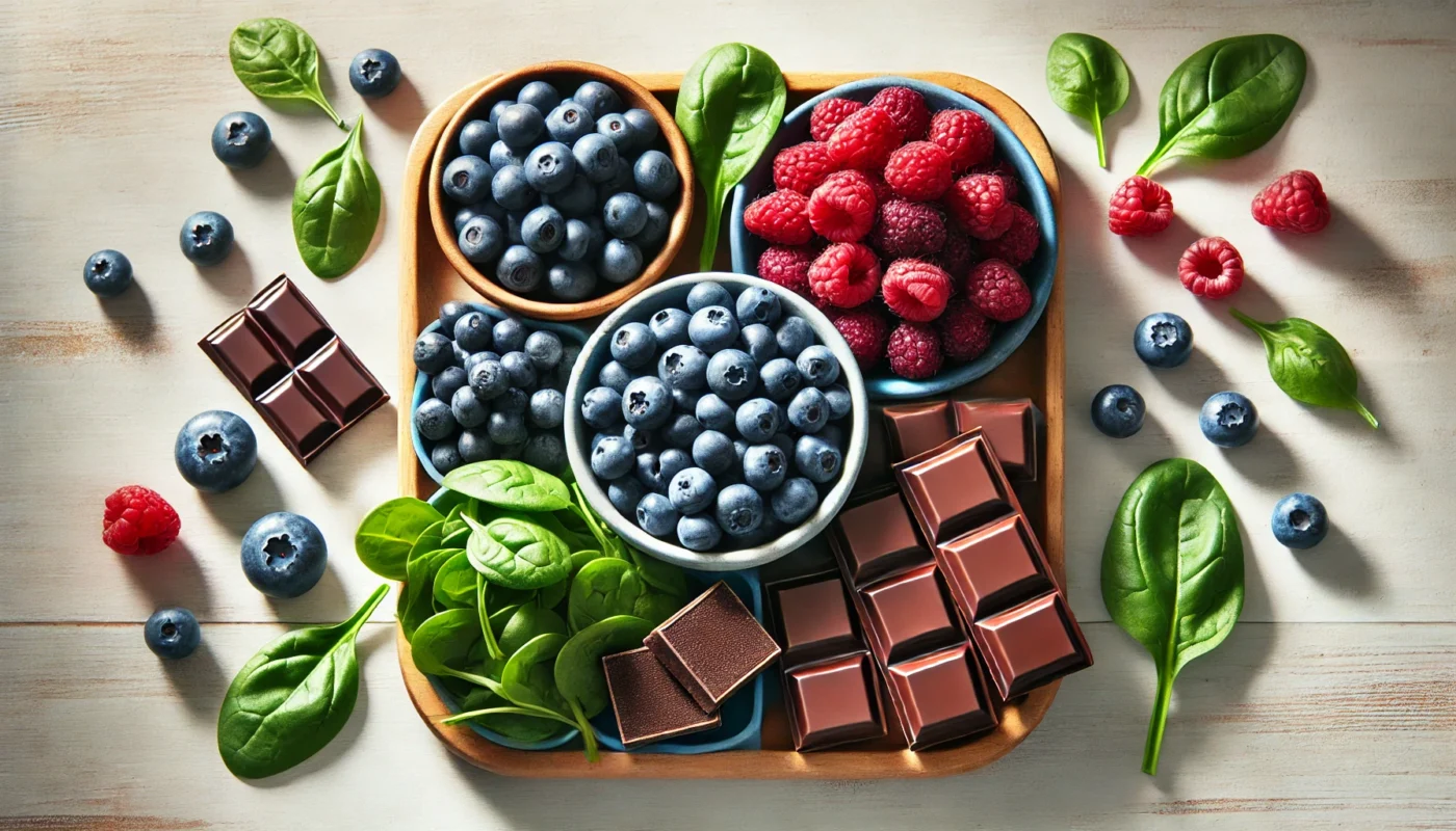 A colorful arrangement of antioxidant-rich foods, featuring blueberries, raspberries, spinach, and dark chocolate squares, beautifully displayed on a light wooden surface, highlighting their role in protecting and enhancing white blood cell health.