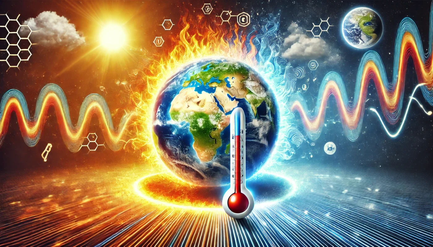 A conceptual illustration of the Earth surrounded by heat waves, symbolizing the rising global temperatures and their connection to increased hypertension prevalence. The image emphasizes the urgency of addressing environmental stressors on health.