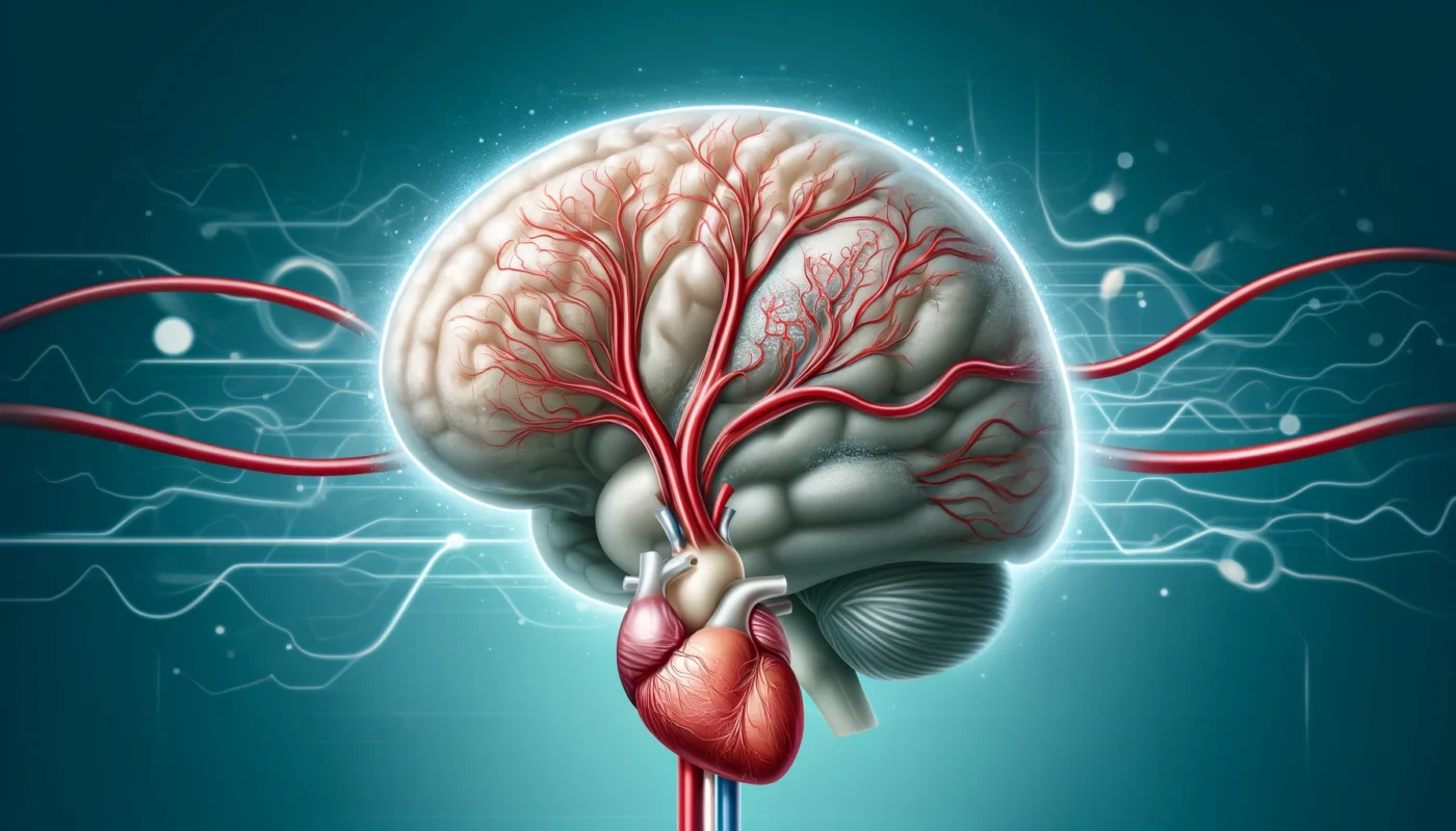 Conceptual illustration of a human brain with highlighted blood vessels connected to the heart, symbolizing reduced cerebral blood flow and cognitive impairments caused by hypertension. The image includes artistic depictions of oxidative stress, inflammation, and white matter lesions, focusing on the connection between hypertension and cognitive decline.