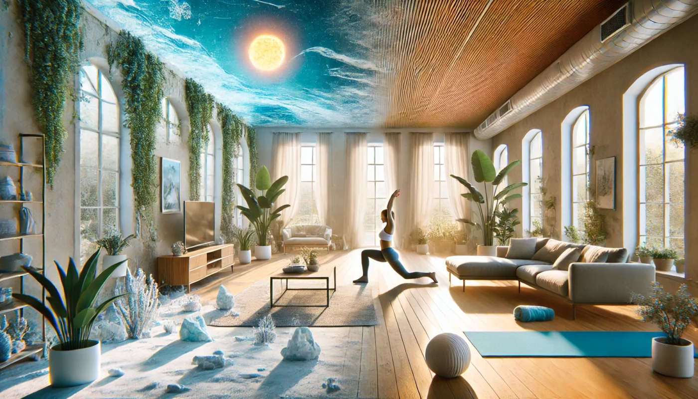 An artistic depiction of a serene indoor exercise setting, with an individual practicing yoga or stretching in a bright room filled with plants. This image symbolizes healthy alternatives to outdoor activities during heatwaves caused by climate change.