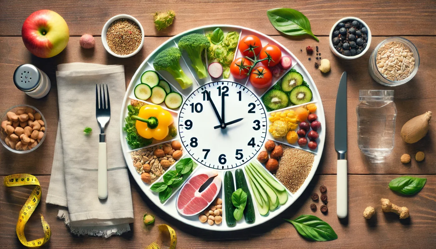 A clock-shaped plate featuring healthy foods like vegetables, lean proteins, and grains on one half, with the other half empty to symbolize intermittent fasting. Set on a clean wooden table with natural lighting to highlight health and balance.