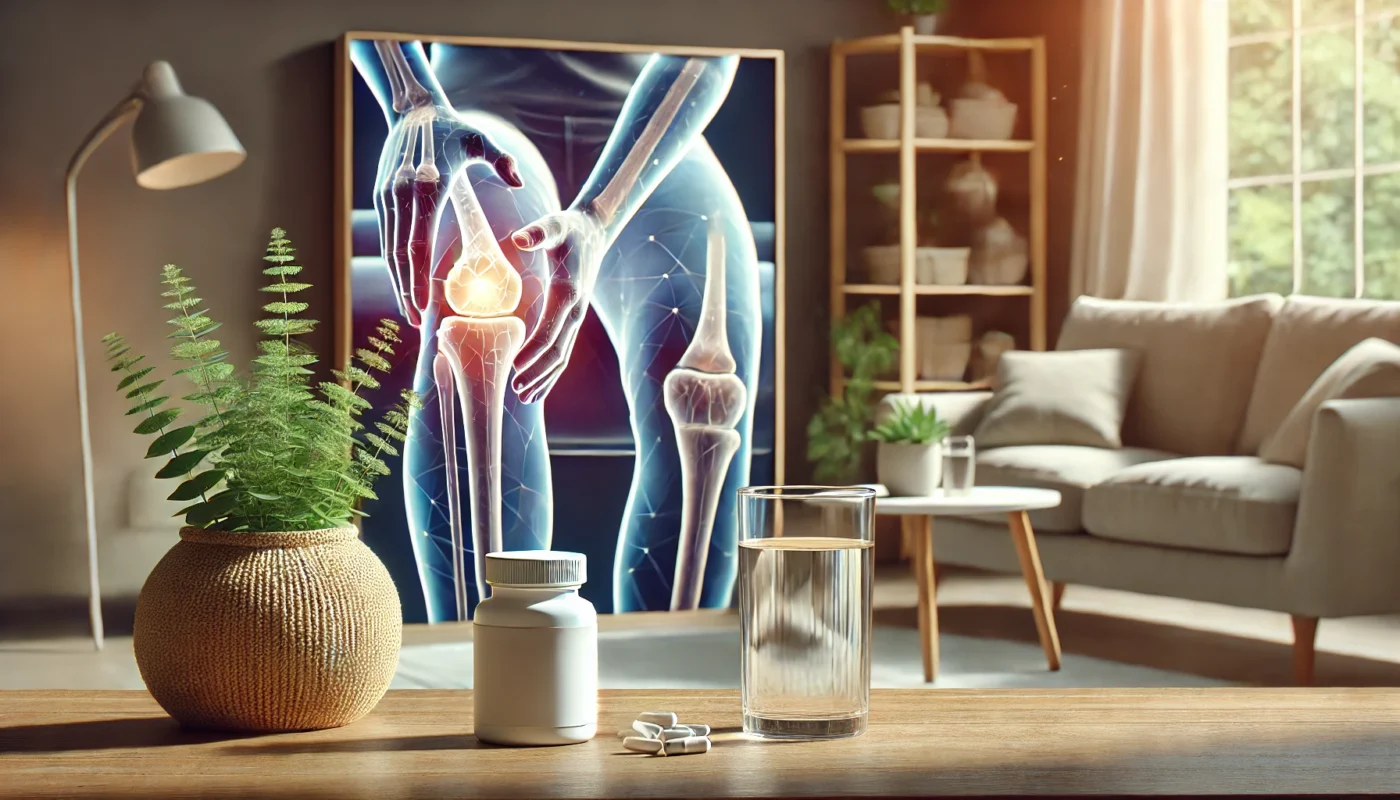 A widescreen image of a serene home setting with a person sitting comfortably on a couch holding their knee, symbolizing joint recovery. On a side table, an open container of capsules and a glass of water are placed, with soft lighting enhancing the cozy and relaxing atmosphere.