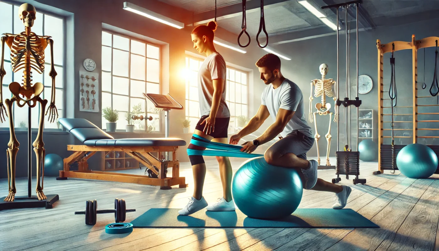 A widescreen image of a physical therapy session focused on rehabilitation of a painful inflammation of the joints, where a therapist assists a patient using a stability ball and resistance bands. The brightly lit clinic features professional equipment and a supportive ambiance, emphasizing recovery and strengthening exercises for joint health.