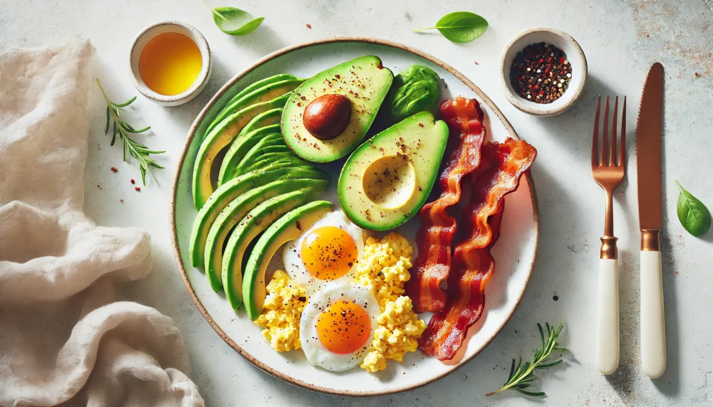 A clean and text-free image of a keto-style breakfast featuring scrambled eggs, avocado slices, and crispy bacon, arranged on a white plate with a natural light background.