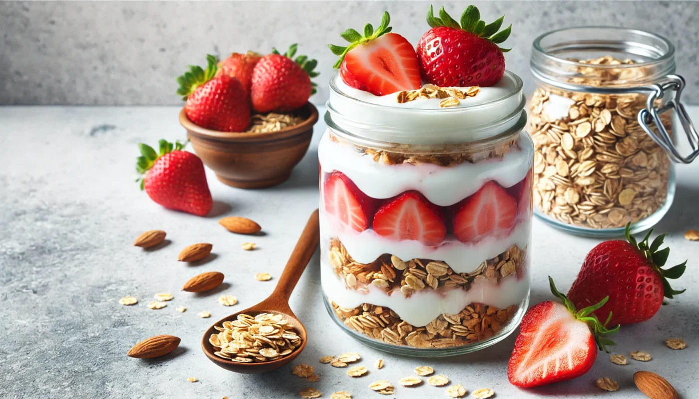 A widescreen image of a glass jar layered with Greek yogurt, granola, and fresh strawberries. The jar is on a marble countertop with a wooden spoon and scattered oats and almonds, highlighting a healthy and anti-inflammatory snack.