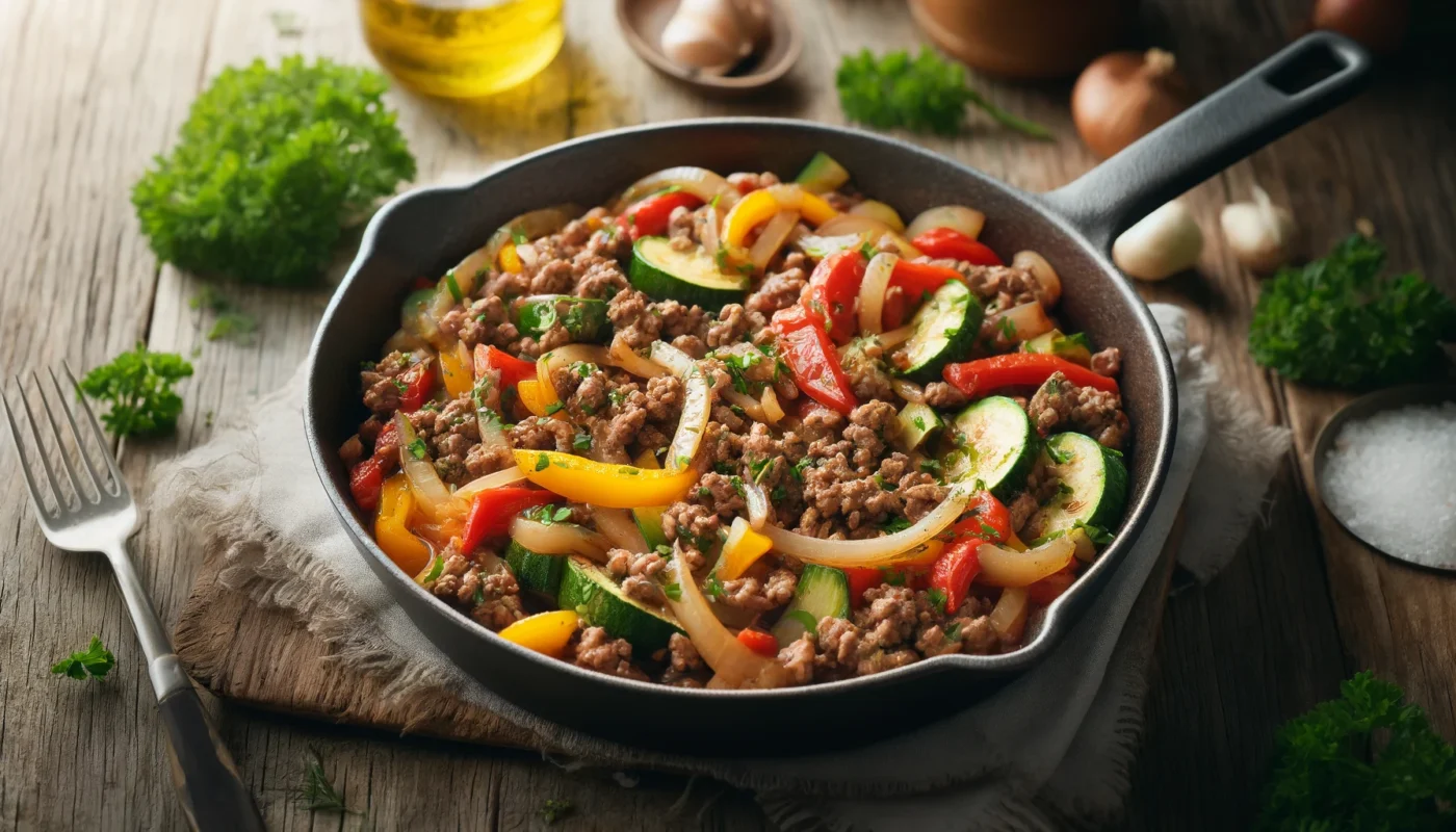 A widescreen image of a skillet filled with lean ground beef and sautéed vegetables like bell peppers, onions, and zucchini, garnished with fresh parsley, set on a rustic wooden table with natural light highlighting a healthy, anti-inflammatory dish.